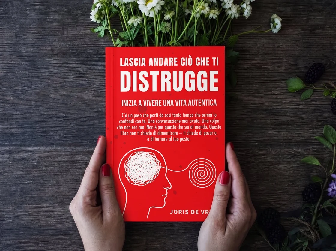 Lascia andare ciò che ti distrugge tenuto sopra un tavolo di legno, con fiori e more